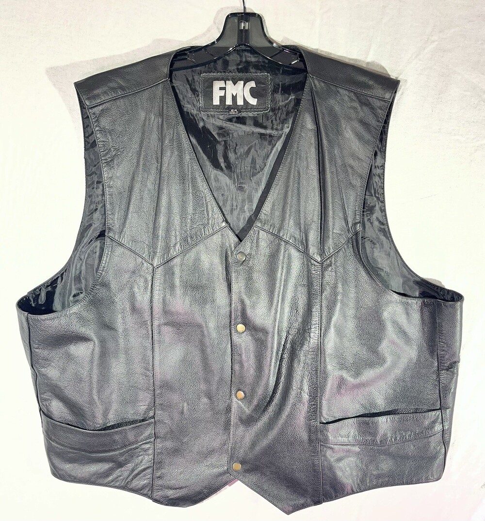 FMC Motorcycle Vest Size 64 Black Leather Biker Snap Front